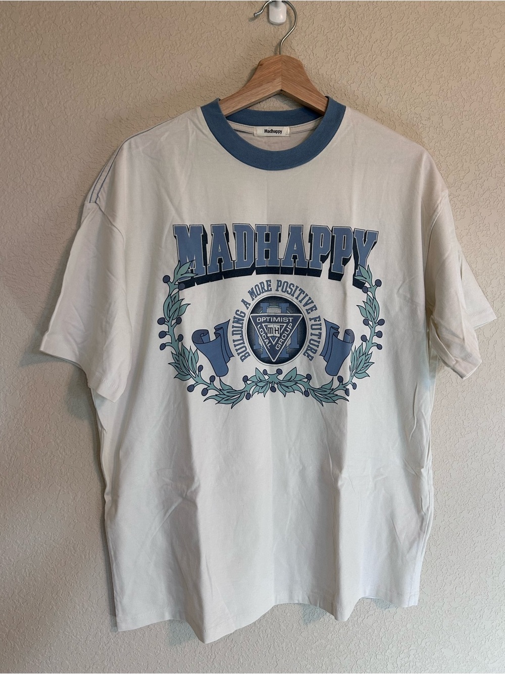 Unisex MadHappy White T-Shirt with Blue Graphic Ringer Collar